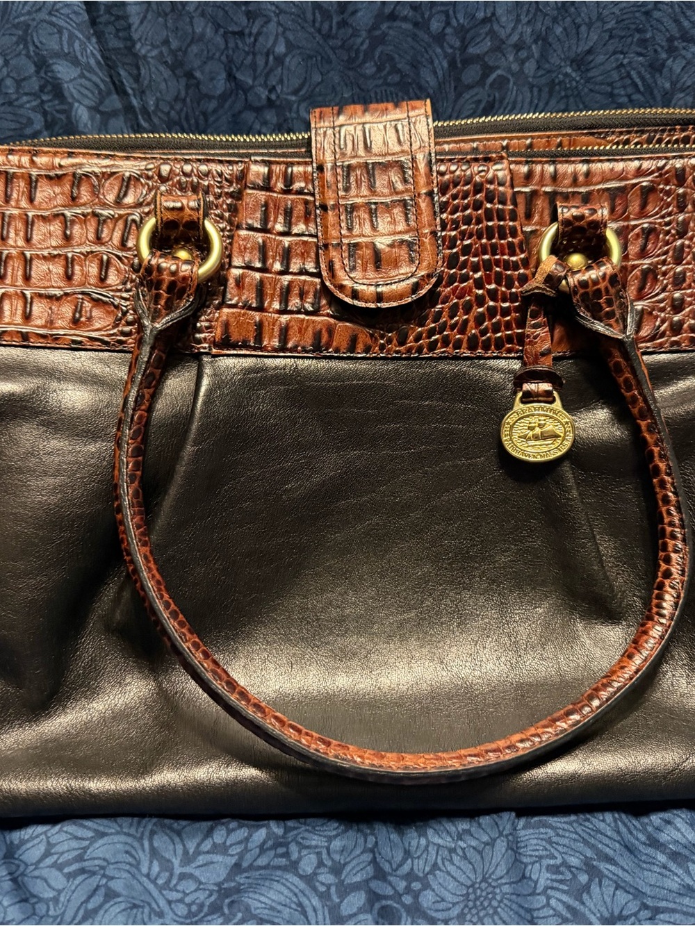 Brahmin Black Leather Shoulder Bag with Brown Croc Trim